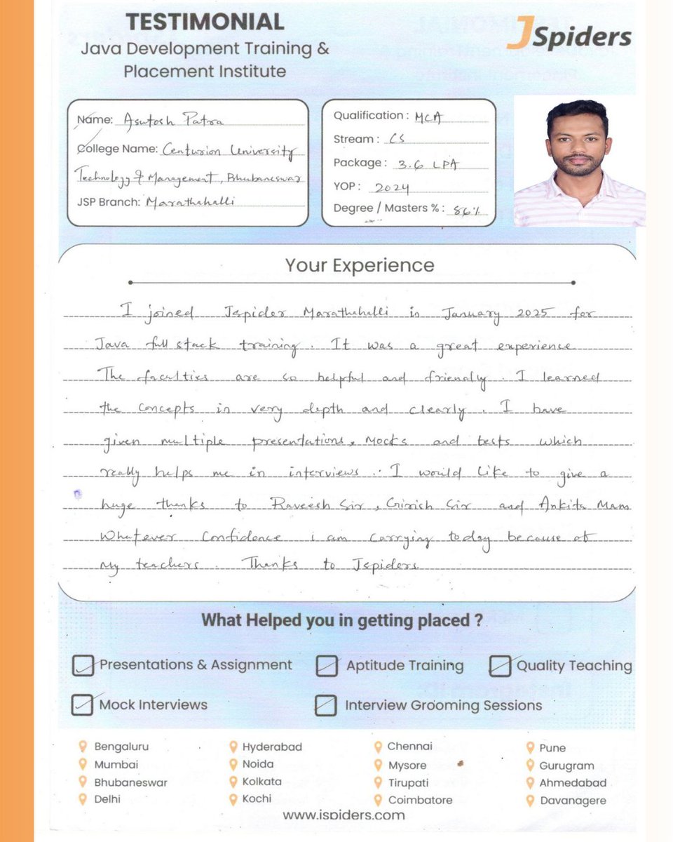 JspMarathahalli's tweet image. Congratulations ASUTOSH PATRA on your achievement! 🎉
.
.

#jspidersmarathahalli #placementsuccess #congratulations #careergrowth #freshersjobs #itjobs #successstory