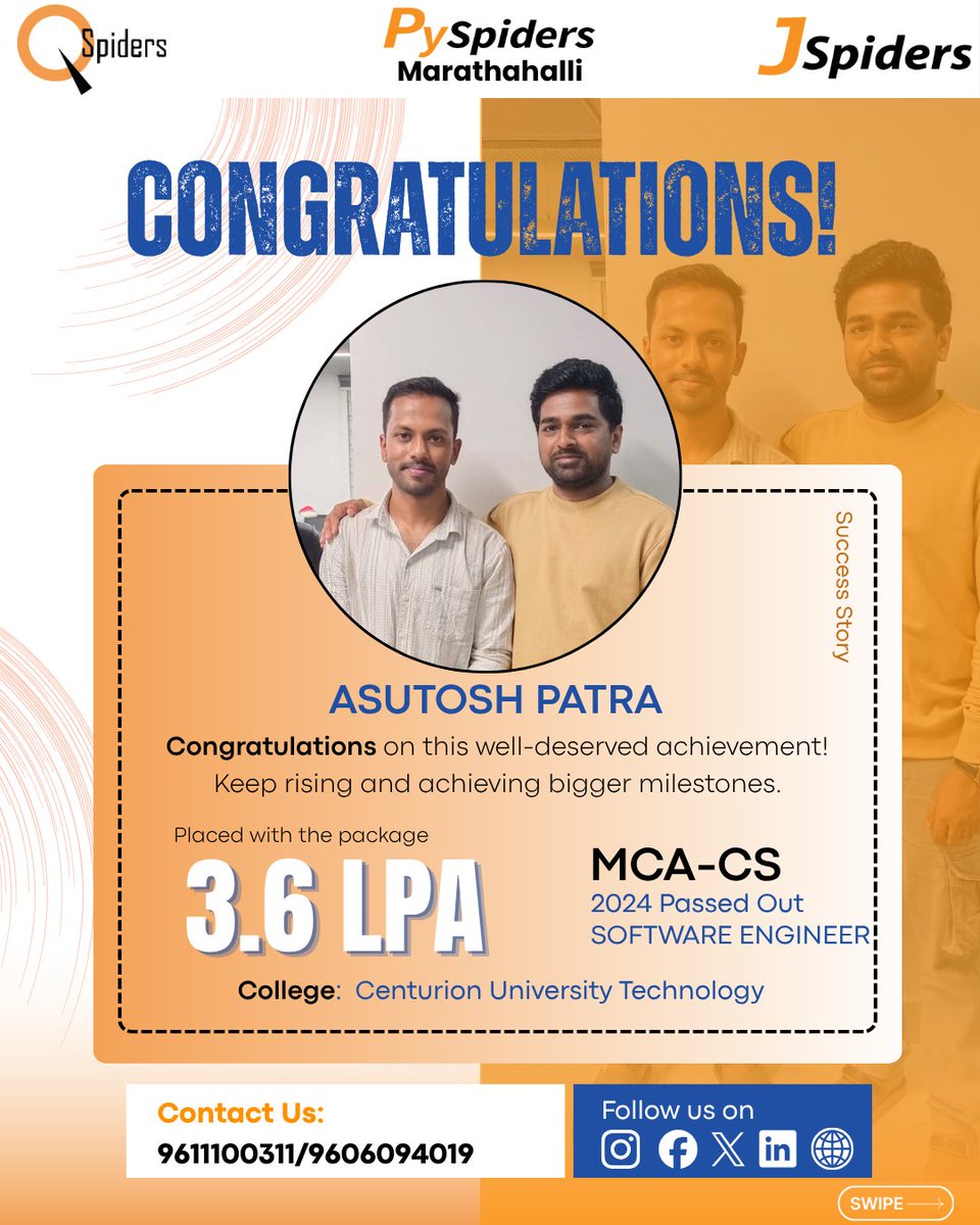 JspMarathahalli's tweet image. Congratulations ASUTOSH PATRA on your achievement! 🎉
.
.

#jspidersmarathahalli #placementsuccess #congratulations #careergrowth #freshersjobs #itjobs #successstory