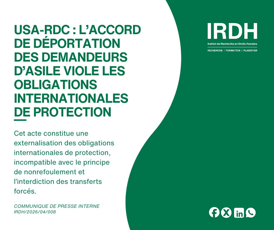 L’IRDH exprime sa vive préoccupation face au transfert forcé de demandeurs d’asile des États-Unis vers la RDC.

Cette pratique soulève de graves questions au regard du principe de non-refoulement et des obligations internationales de protection des personnes vulnérables, telles