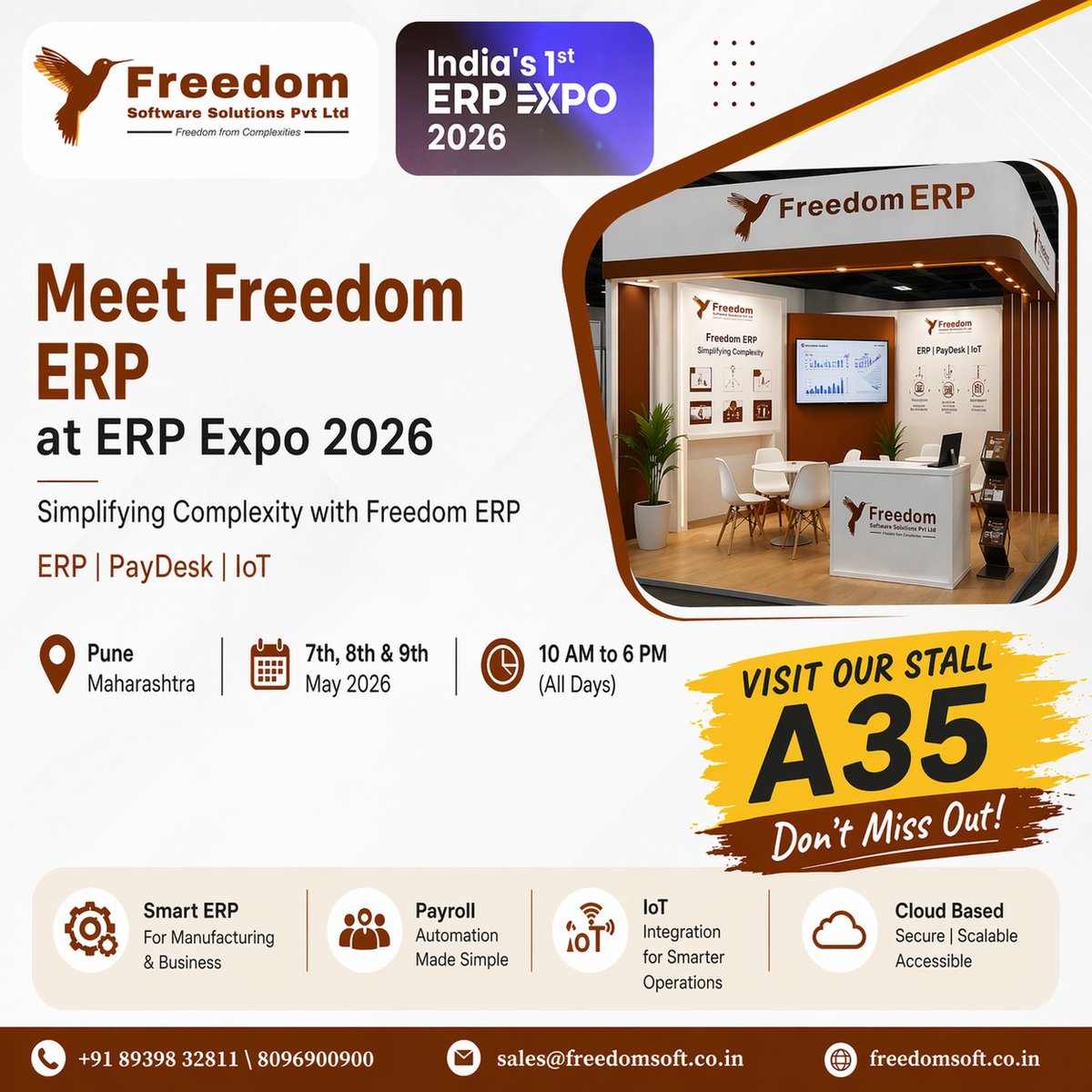 erp_freedom's tweet photo. Big things are happening in Pune! 👀@Exponomicsevent

We’re excited to be part of India’s 1st ERP Expo 2026 

Come visit us at Stall A35 and experience how #FreedomERP simplifies complexity.

From smart manufacturing to payroll automation and IoT
#Freedomsoftwaresolutions https://t.co/bTrlxp3COb