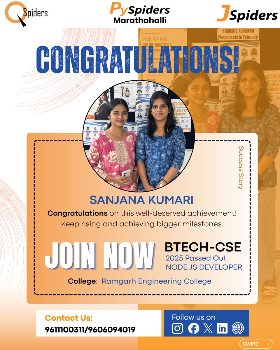 JspMarathahalli's tweet image. Congratulations SANJANA KUMARI on your achievement! 🎉
.
.

#jspidersmarathahalli #placementsuccess #congratulations #careergrowth #freshersjobs #itjobs #successstory