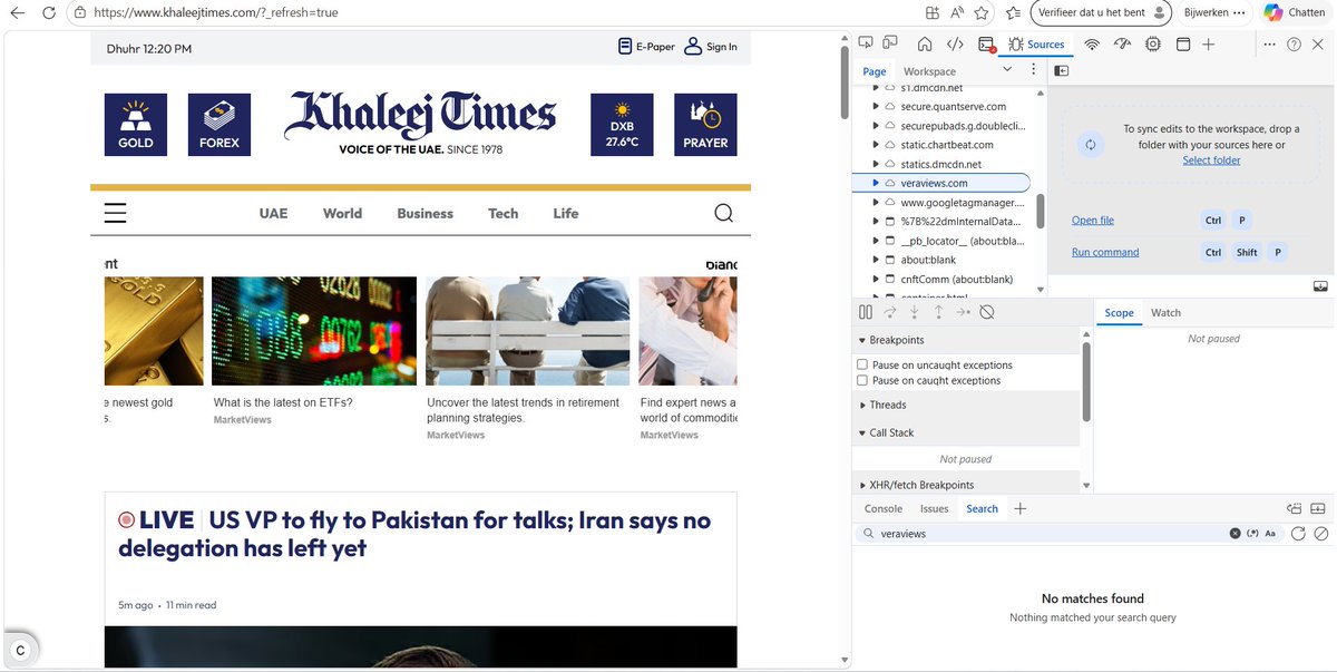 ForexWizarddd's tweet photo. "The tech doesn't exist."

I just opened Khaleej Times, UAE's largest English newspaper and Times of Israel , 9M+ monthly readers and searched the source code via developer tools.

VeraViews is live on both. Right now. Today.

Not a promise. Not a roadmap. Verified live code.

Do your own research before spreading misinformation. 
@verasitytech 💯