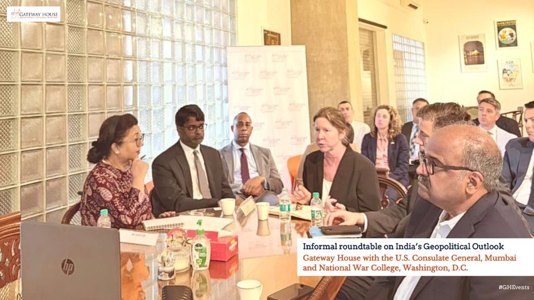 GatewayHouseIND's tweet photo. On April 20, 2026, Gateway House, in collaboration with the #USConsulateGeneral in Mumbai, hosted delegation of Senior Fellows from the #NationalWarCollege, Washington D.C. for an exclusive informal roundtable on India’s Geopolitical Outlook.
The discussion offered a platform to explore segments of #economicsecurity and #diversesupplychains, with conversations centred around President Trump’s anticipated visit to #China and its implications for India, alongside U.S. perspectives on India’s commitments to the #IndoPacificframework.
The roundtable made a meaningful contribution to a broader understanding of evolving regional and global security dynamics, while reinforcing the foundations of a stronger India-U.S. bilateral relationship.