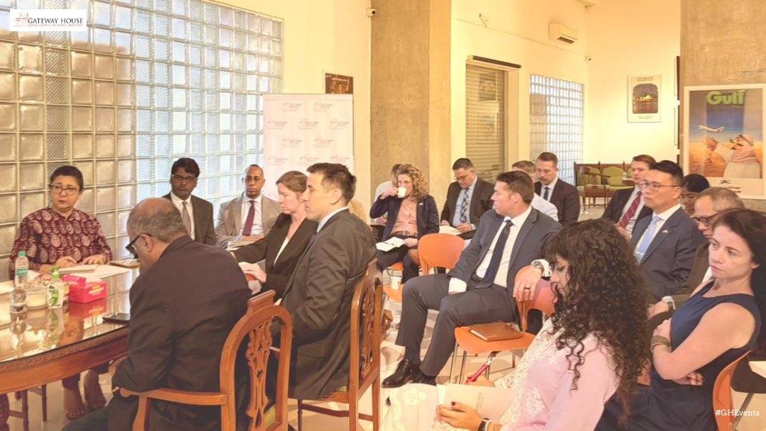 GatewayHouseIND's tweet photo. On April 20, 2026, Gateway House, in collaboration with the #USConsulateGeneral in Mumbai, hosted delegation of Senior Fellows from the #NationalWarCollege, Washington D.C. for an exclusive informal roundtable on India’s Geopolitical Outlook.
The discussion offered a platform to explore segments of #economicsecurity and #diversesupplychains, with conversations centred around President Trump’s anticipated visit to #China and its implications for India, alongside U.S. perspectives on India’s commitments to the #IndoPacificframework.
The roundtable made a meaningful contribution to a broader understanding of evolving regional and global security dynamics, while reinforcing the foundations of a stronger India-U.S. bilateral relationship.