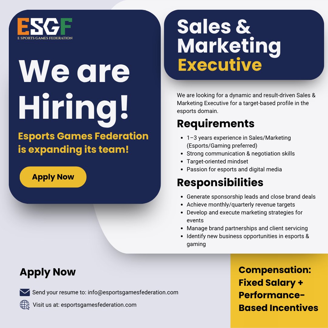 ESGFederation's tweet photo. We are currently hiring at Esports Games Federation.
We are seeking a dynamic and result-oriented Sales & Marketing Executive to support our growth in the esports industry. This role is ideal for individuals with a passion for gaming, strong business acumen, and a target-driven approach.

Interested candidates are invited to apply by sending their resume to info@esportsgamesfederation.com or visiting our website: https://t.co/Qv1Ql7mWa1

#WeAreHiring #SalesJobs #MarketingJobs #EsportsJobs #GamingIndustry #JoinOurTeam #HiringNow #esgfederation #CareerOpportunity #EsportsIndia #DigitalMarketing #BusinessDevelopment #JobOpening #ApplyNow #EsportsCareers