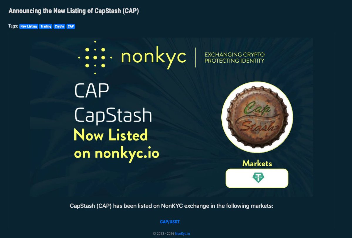nonkyc_exchange's tweet image. 🚨 New Listing Alert 🚨

Capstash #CAP $CAP is now live on NonKyc.io Exchange!

💸 Deposit, Withdraw &amp;amp; Trading are OPEN!

Pair: 👉 nonkyc.io/market/CAP_USDT
 Pool: 👉 nonkyc.io/pool/CAP_USDT
❗ Minimum Deposit: 5 CAP ❗

🔍 Proof of Reserve: 👉 nonkyc.io/asset/CAP