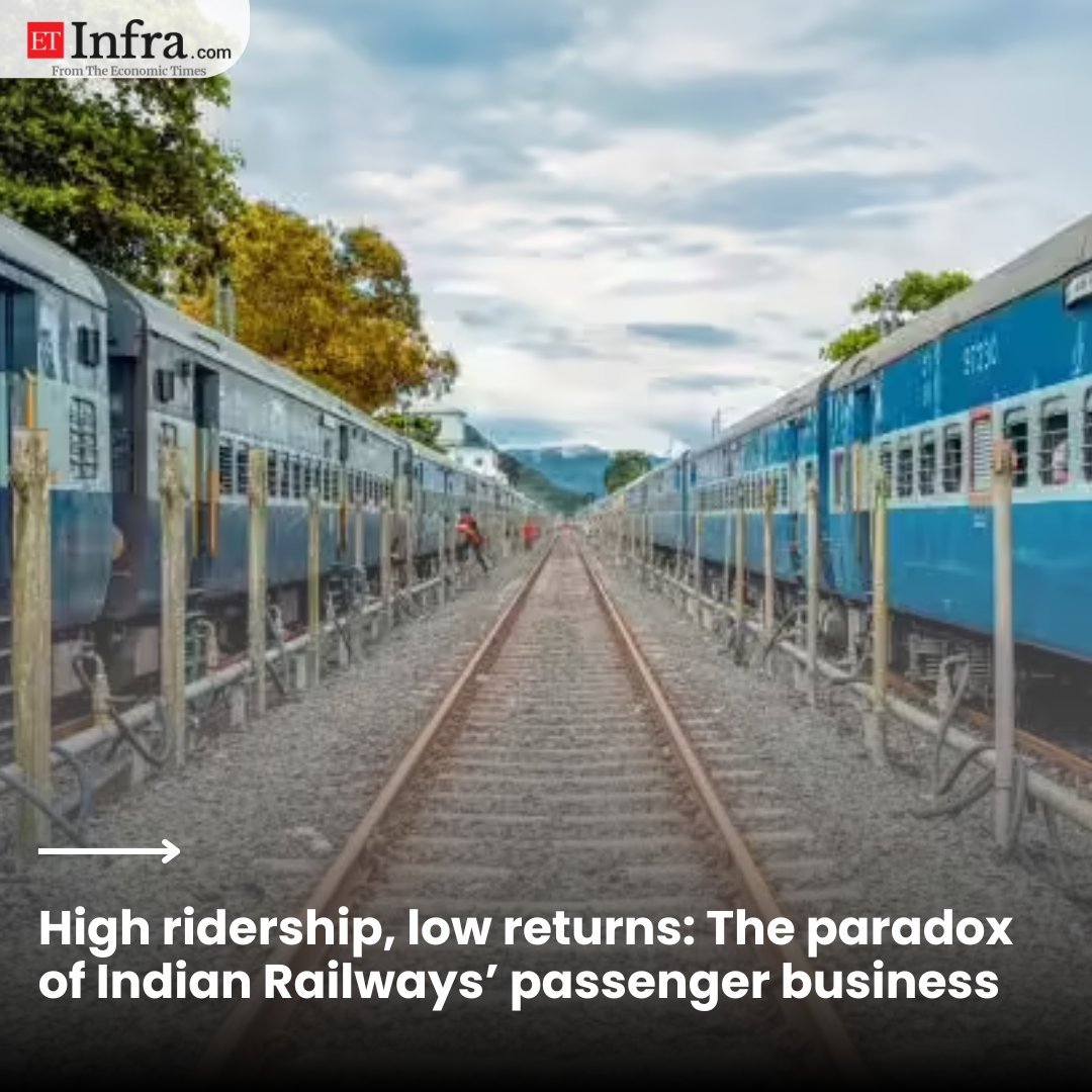 ET_Infra's tweet image. High ridership, low returns: The paradox of Indian Railways’ passenger business

📖: shorturl.at/lg9nI
✍🏻: M Jamshed

#IndianRailways #Infrastructure #Transport #Economy #PublicPolicy #Subsidy #Mobility #India #Railways #Logistics #ETInfra