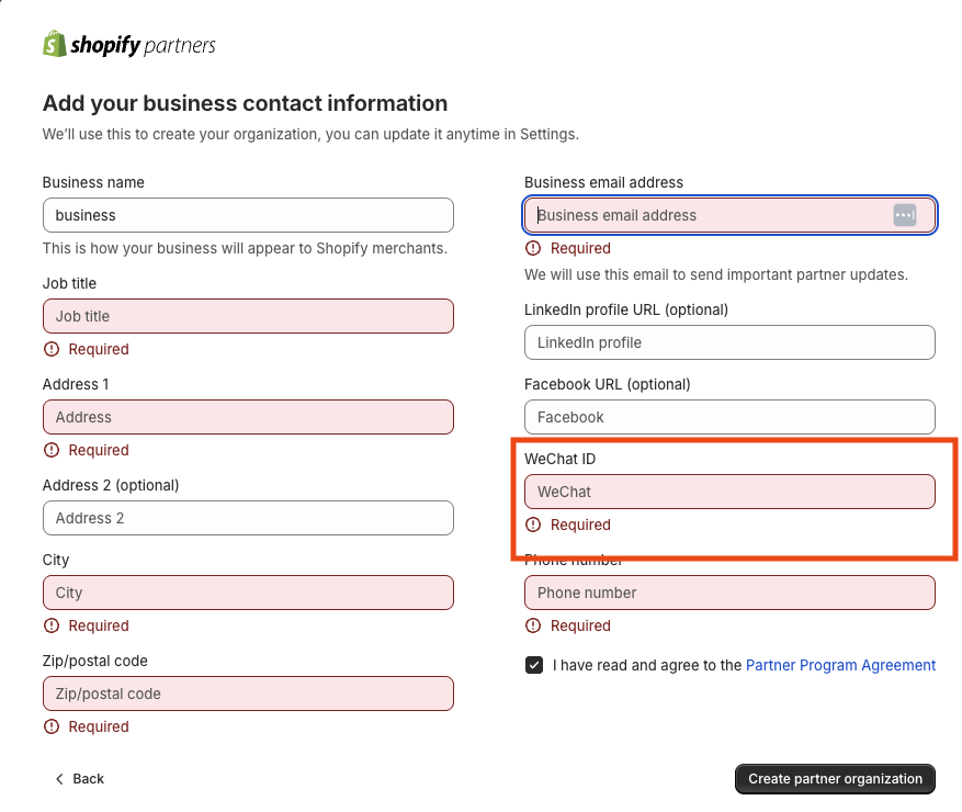 EricssonDesign's tweet photo. @ShopifyPartners your Partners signup forces WeChat as a required contact field for HK-registered entities. No WhatsApp, Telegram, Signal or email alternative. Screenshot below. 1/3 https://t.co/rEE96XUG14