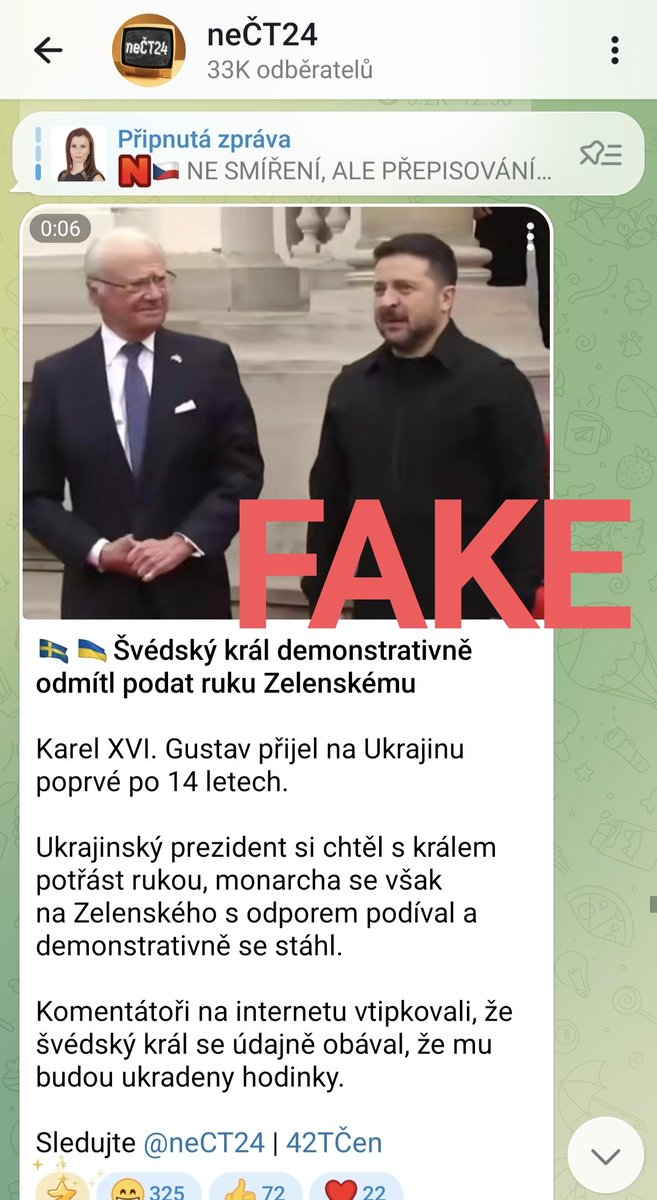 Možná jste na sítích zaznamenali lež, že švédský král nepodal ruku Zelenskému. Tuto lež vytvořila ruská státní televize a v českém veřejném prostoru ji rozšířil kanál ruského státního propagandistického Sputniku. Ano, to je ten kanál, s nímž spolupracují vládní politici za SPD.