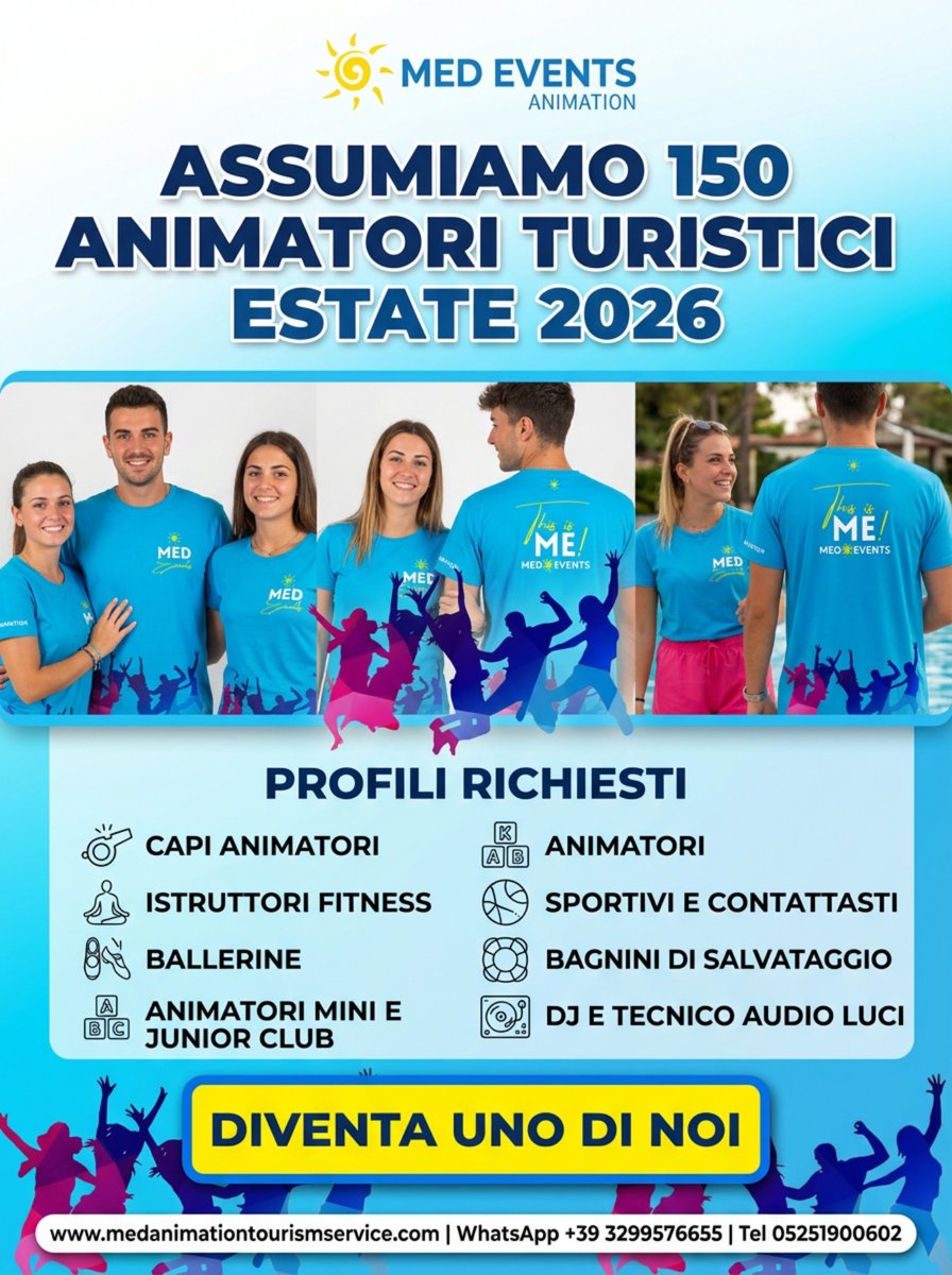 animazioneevent's tweet image. Summer job cercasi! ☀️🎉 Stiamo reclutando 150 animatori per l’estate 2026: capi animatori, ballerine, istruttori, mini/junior club, bagnini, DJ e altro. 👉 medanimationtourismservice.com • WhatsApp +39 3299576655 #MedEvents #SummerJob #AnimazioneTuristica