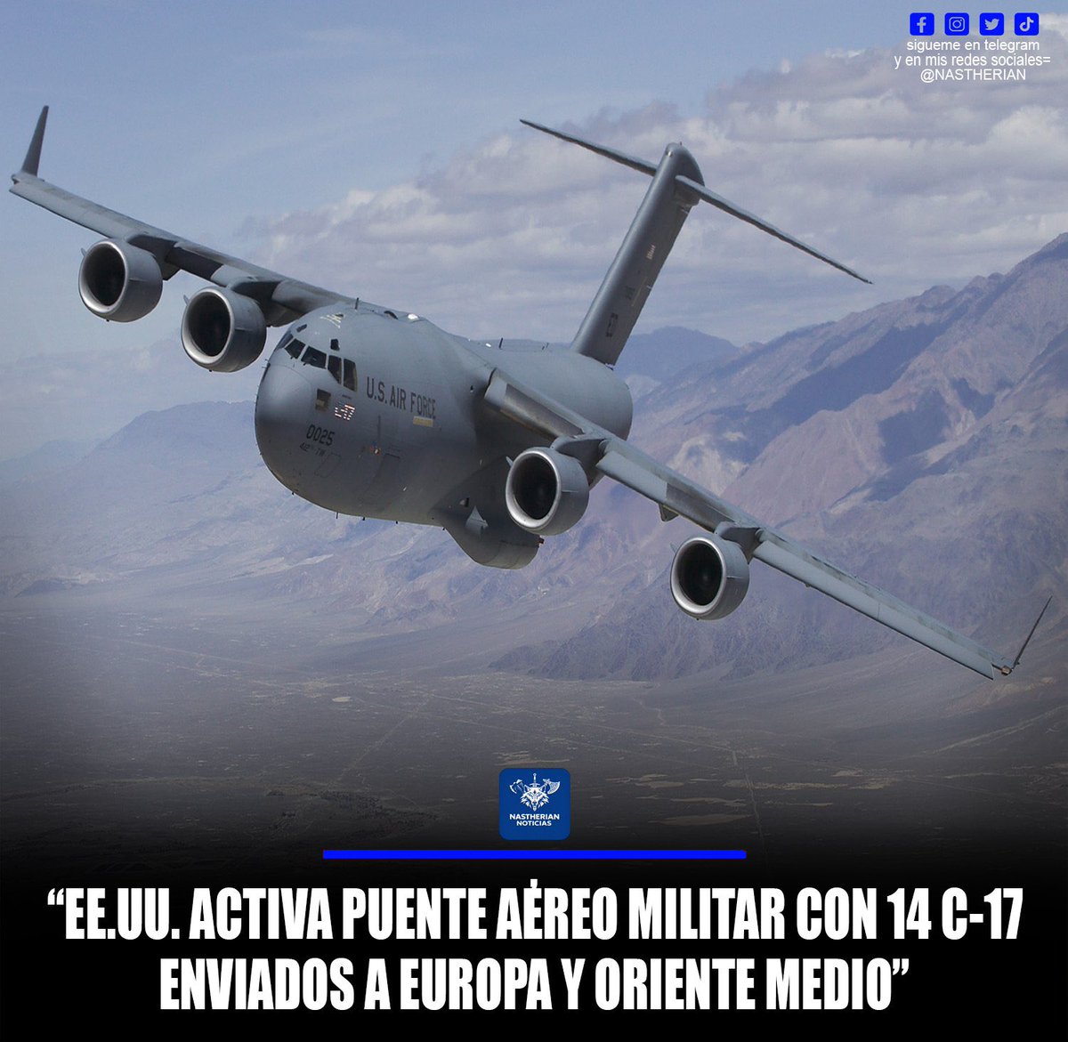nastherian's tweet image. EE.UU. activó un gran puente aéreo militar con al menos 14 C-17 Globemaster III cruzando Europa y Oriente Medio. Estos aviones transportan tropas, blindados y munición para reforzar bases y fuerzas en la región en plena tensión con Irán. #EEUU #C17 #Defensa