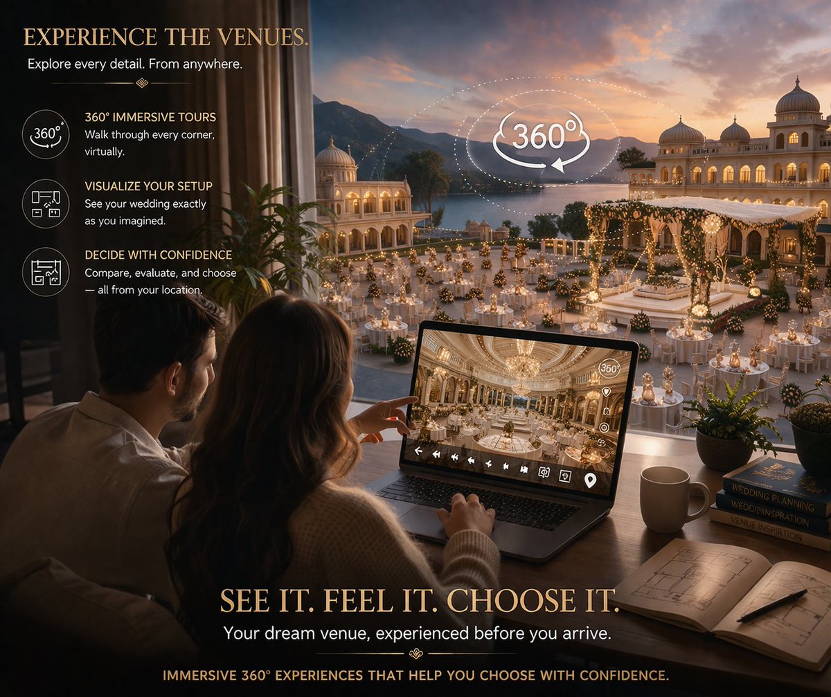 hotelyug's tweet photo. India is building a global wedding industry.

But how will international couples choose a venue without visiting?

Photos aren’t enough.

When guests can explore venues virtually,
distance stops being a barrier—
and decisions become easier.
#WedInIndia #TravelTech https://t.co/0XqbkborXF