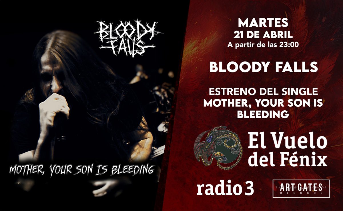 ArtGatesRecords's tweet image. ¡Esta noche a partir de las 23:00 en @vuelofenix_r3 ! 🔥

Estreno en exclusiva de dos potentes singles: 

🔴 "Mother, Your Son Is Bleeding" - Bloody Falls
🔴 "Enceladus" - Dyecrest

Escúchalos aquí:
🎧 rtve.es/play/audios/el…

#Metal #Radio3 #Dyecrest #BloodyFalls #NewMusic