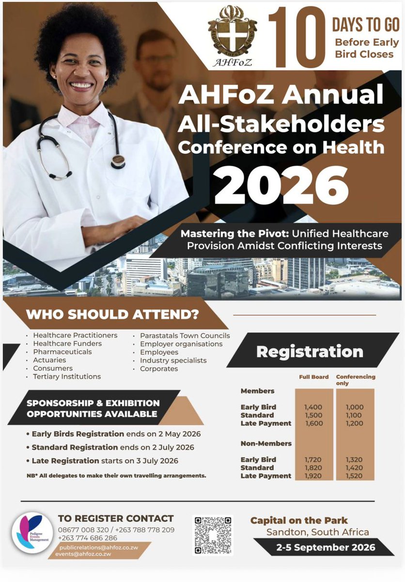 AHFoZZW's tweet image. ⏳ ONLY 10 DAYS LEFT!
Don’t miss out on Early Bird rates for the AHFoZ Annual All Stakeholders .Conference on Health Join healthcare leaders in Joburg this September!
📅 2-5 Sept 2026
📍 The Capital on the Park, Sandton
🔗 Register: lnkd.in/ggqKtGz9
#AHFoZ2026  #EarlyBird