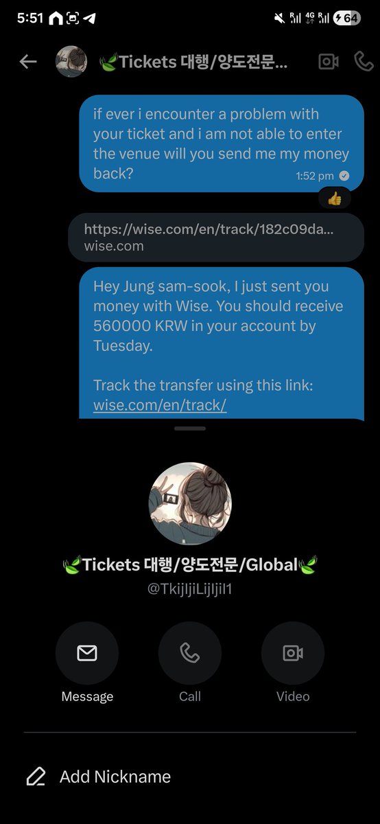 maliofthemoon's tweet photo. ⚠️SCAMMER JUNG SAM SOOK⚠️ 
After I paid, KRW 560, 000, they blocked me and deleted all their messages. Please beware. They also changed their profile picture. 중삼숙 사기꾼. https://t.co/VCIkmnNwui