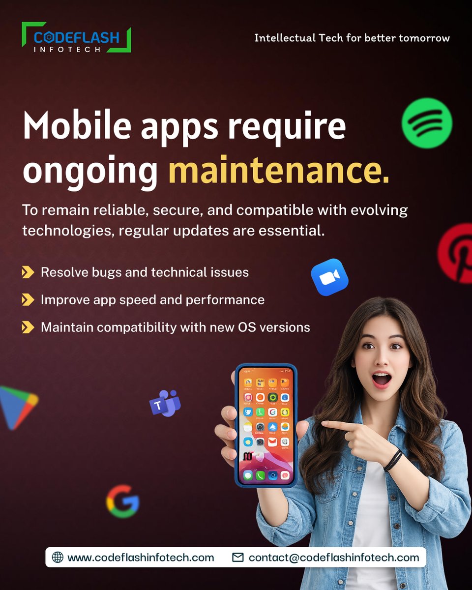 Codeflash_'s tweet photo. A successful #mobileapp doesn’t stop at launch—it evolves with smart maintenance.🚀

Without updates, apps lose performance, security &amp; user trust.

⚡ Faster | 🔒Secure | 📈Scalable | ✨Better UX

Contact us today👉 contact@codeflashinfotech.com

#AppMaintenance #Tech https://t.co/qa4ZB2Brii