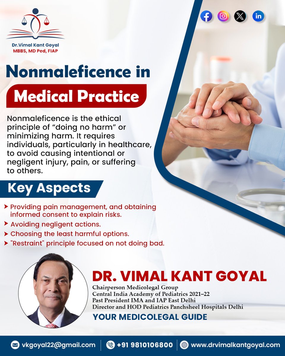 drvimalgoyal's tweet image. Nonmaleficence is the ethical principle of “doing no harm” or minimizing harm. It requires individuals, particularly in healthcare, to avoid causing intentional or negligent injury, pain, or suffering to others.

#MedicalEthics #Nonmaleficence #DoNoHarm #DrVimalKantGoyal