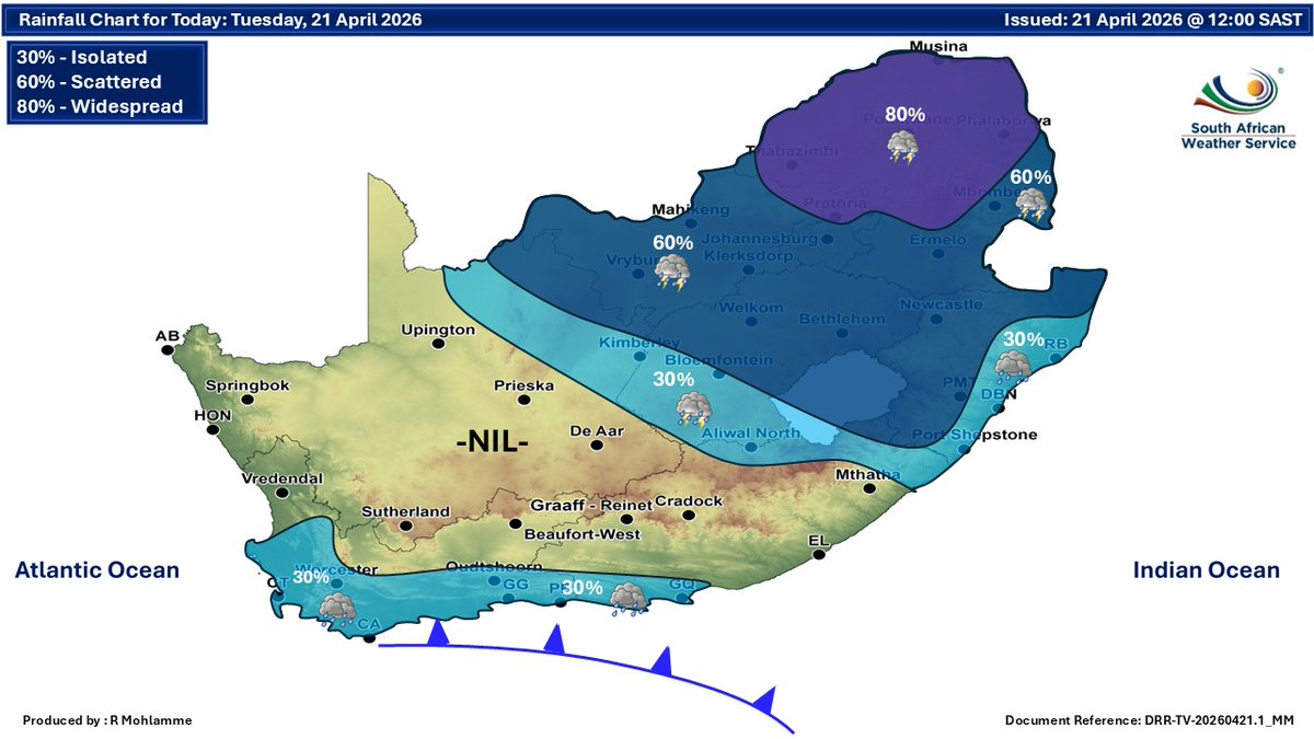 SAWeatherServic's tweet image. Weather forecast for today and tomorrow, 21-22 April 2026:
Partly cloudy and cool to warm with isolated to scattered showers and thundershowers but widespread in the north-east ⚠️ Severe thunderstorms, damaging winds and waves.
#saws #SAWeather #Warning
