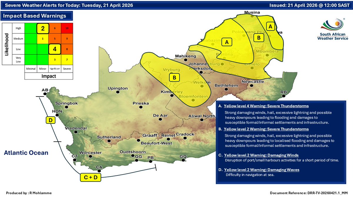 SAWeatherServic's tweet image. Weather forecast for today and tomorrow, 21-22 April 2026:
Partly cloudy and cool to warm with isolated to scattered showers and thundershowers but widespread in the north-east ⚠️ Severe thunderstorms, damaging winds and waves.
#saws #SAWeather #Warning