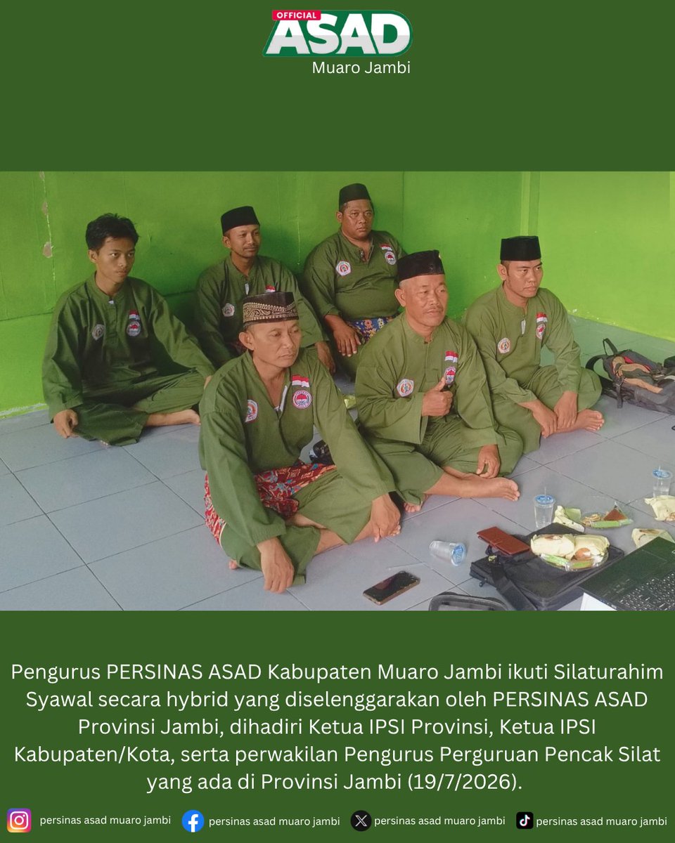 Pengurus PERSINAS ASAD Kabupaten Muaro Jambi ikuti Silaturahim Syawal Pencak Silat Jambi secara hybrid yang diselenggarakan oleh Pengurus PERSINAS ASAD Provinsi Jambi, dihadiri Ketua IPSI Provinsi Jambi, KONI Provinsi Jambi, serta 18 Perguruan Pencak Silat anggota IPSI Jambi