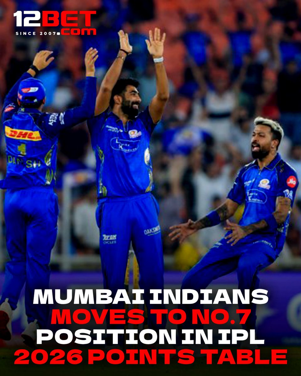 12B_India's tweet image. 🚨 TABLE SHAKE-UP ALERT! 💙🔥

Mumbai Indians climb up to No.7 in the Indian Premier League 2026 points table! 📈

Momentum building… comeback loading 👀⚡

#MumbaiIndians #IPL2026 #MI #12betindia #KnowTheGame 🏏🔥