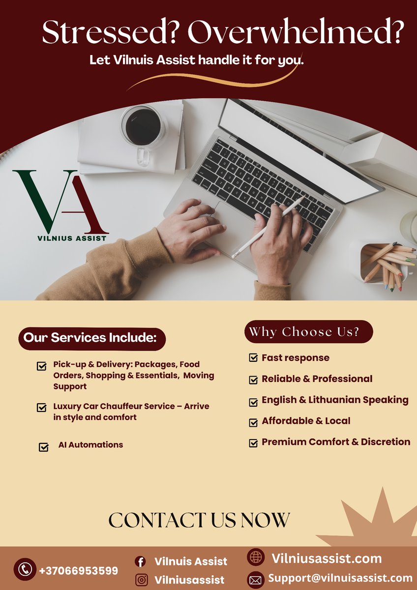 VilniusAssist's tweet image. Stressed? Let Vilnius Assist handle it.

Deliveries, errands, chauffeur services, moving support &amp;amp; AI automation — fast, reliable, discreet.

📍 Vilnius, Lithuania
📞 +370 669 53599
📧 support@vilniusassist.com
🌐 vilniusassist.com

#VilniusAssist #Vilnius #ConciergeService