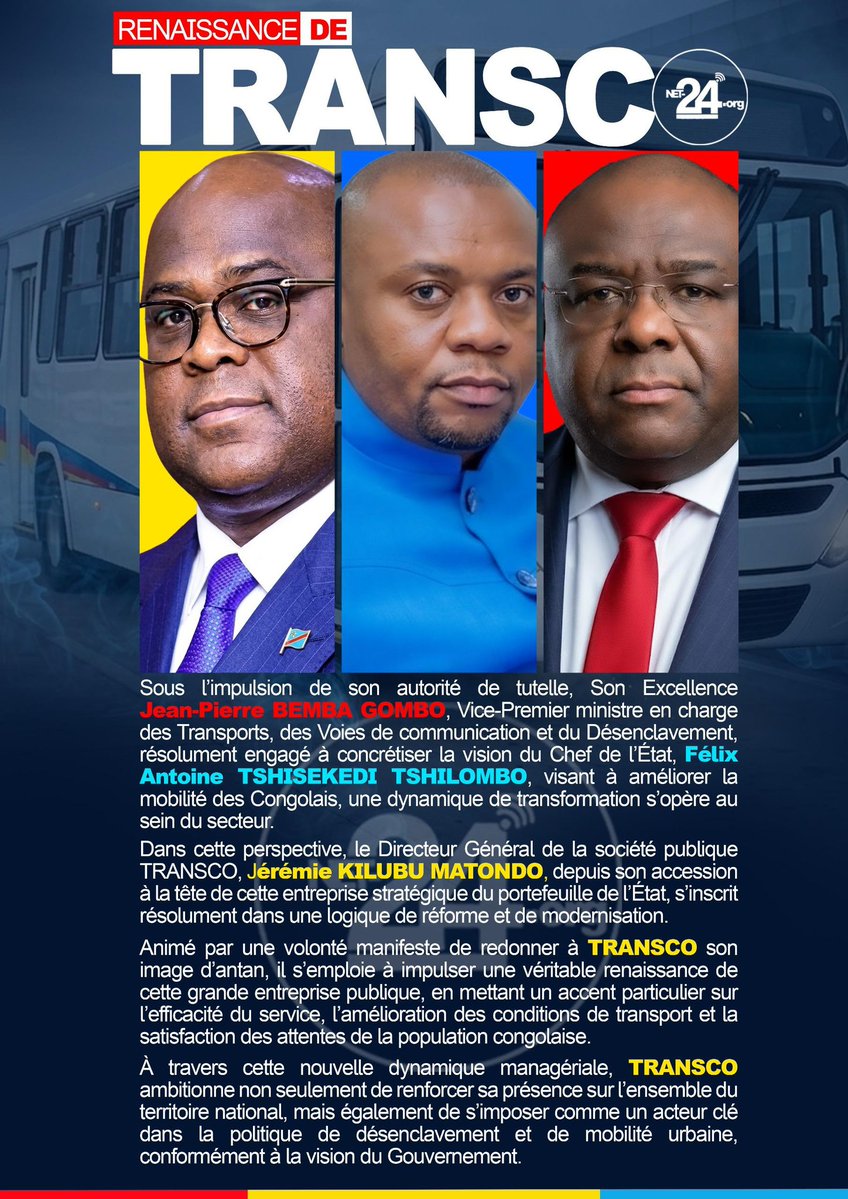 Le Président Félix Tshisekedi initie, Le Vpm Jean pierre Bemba impulse , le Dg Jérémie Kilubu matérialise , et Transco Renaît.
L’air du changement est au rendez-vous pour répondre aux attentes des congolais.
<a href="/CKilubu/">JEREMIE KILUBU M</a> 
<a href="/bembajp/">Jean Pierre Bemba</a> 
<a href="/Presidence_RDC/">Présidence RDC 🇨🇩</a>