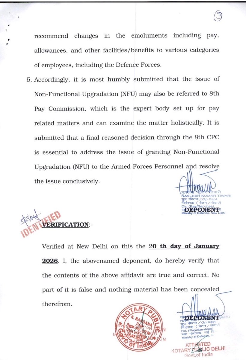 <a href="/OliveGrin17/">Olive Green</a> <a href="/akmpnm2004/">AeKayMike</a> <a href="/manmohan16/">Manmohan</a> <a href="/kayjay34350/">Lt Gen Kamal Jit Singh (Veteran)</a> <a href="/WoodCheat/">Cheat Wood</a> <a href="/ChatyTheCheetah/">Dr. Ankur Chaturvedi🇮🇳</a> <a href="/vigoDoon/">Vikas Gosain</a> <a href="/Warrior_Mukul/">Colonel Mukul</a> <a href="/DefenceMinIndia/">रक्षा मंत्री कार्यालय/ RMO India</a> <a href="/PIB_India/">PIB India</a> <a href="/adgpi/">ADG PI - INDIAN ARMY</a> <a href="/IAF_MCC/">Indian Air Force</a> <a href="/indiannavy/">SpokespersonNavy</a> <a href="/SpokespersonMoD/">Ministry of Defence, Government of India</a> <a href="/HQ_IDS_India/">HQ IDS</a> <a href="/BrigMahalingam/">Brig V Mahalingam</a> <a href="/kakar_harsha/">Maj Gen Harsha Kakar</a> <a href="/SinghNavdeep/">Navdeep Singh</a> <a href="/vikramwkarve/">Vikram Waman Karve</a> <a href="/Jaykaul/">Brig. Jay Kaul , Veteran</a> <a href="/PashaSehgal/">Lt Gen DP Sehgal</a> <a href="/jessisajan/">Sajan</a> <a href="/bsrangi/">bahadur rangi</a> <a href="/cmseth1/">Maj. Gen. CM Seth</a> <a href="/just_1_singh/">Jaswant Singh</a> <a href="/MajorPoonia/">Major Surendra Poonia</a> <a href="/Neeraj7888/">Lt Col Neeraj Sharma, Veteran</a> <a href="/SmritiRDas1/">Smriti R Das</a> <a href="/tksapru/">Lt Gen Tej Sapru (R)</a> <a href="/GenKumar/">vinod kumar, Maj Gen</a> <a href="/ArunBajpai/">Brig Arun Bajpai</a> <a href="/SushilBhasin/">Brig Sushil Bhasin</a> <a href="/BJP4India/">BJP</a> <a href="/PMOIndia/">PMO India</a> <a href="/narendramodi/">Narendra Modi</a> <a href="/ColTekpal/">The Army Guy</a> <a href="/ColCharanjit/">Charanjit Khera</a> <a href="/ajitbhinder/">Col Ajit Singh Bhinder🇮🇳</a> <a href="/Col_Bharat/">Col Bharat Sharma,EME</a> <a href="/MajDPSingh/">Major D P Singh</a> <a href="/rwac48/">Lt Gen H S Panag(R)</a> <a href="/ashokkmrsingh/">Ashok</a> <a href="/Rajeev_mp/">Rajeev</a> <a href="/nylalsingh/">Rao Lalsingh 🇮🇳</a> <a href="/Gen_VKSingh/">Gen VK Singh</a> <a href="/NHAI_Official/">NHAI</a> <a href="/bhopal_ro/">NHAI RO Bhopal</a> <a href="/TimesNow/">TIMES NOW</a> <a href="/NcAsthana/">Dr. N. C. Asthana, IPS (Retd)</a> <a href="/MihirkJha/">Mihir Jha</a> Govt has once again refused  NFU to Armed Forces.. Affidavit filed in SC on 21 Apr citing frivolous justifications for refusal.. while NFU has been extended to all Civil Services since 2006, Govt has been inventing excuses to deny it to Faujis..SC now remains only beacon of hope