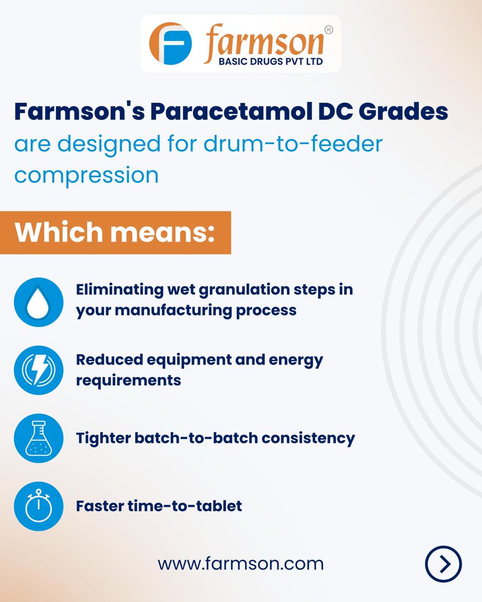 Farmsonpharma's tweet image. At Farmson, our Paracetamol DC grades are designed to streamline production, improve consistency, and help you move from process to product with greater confidence and speed.

Because better manufacturing starts with better inputs.

#ParacetamolDC #granules #API #Farmson