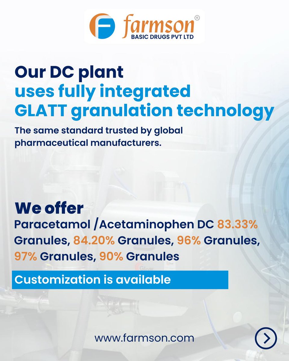 Farmsonpharma's tweet image. At Farmson, our Paracetamol DC grades are designed to streamline production, improve consistency, and help you move from process to product with greater confidence and speed.

Because better manufacturing starts with better inputs.

#ParacetamolDC #granules #API #Farmson