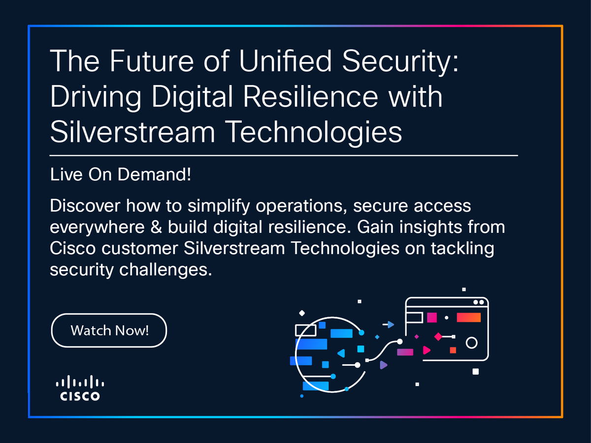OnijeC's tweet image. 🔐 Unified Security Webinar

Discover how to simplify operations, secure access everywhere &amp;amp; build digital resilience. Gain insights from Cisco customer Silverstream Technologies on tackling security challenges.

👉 Save your spot
cs.co/6013BBB1kd

#CyberSecurity #Cloud