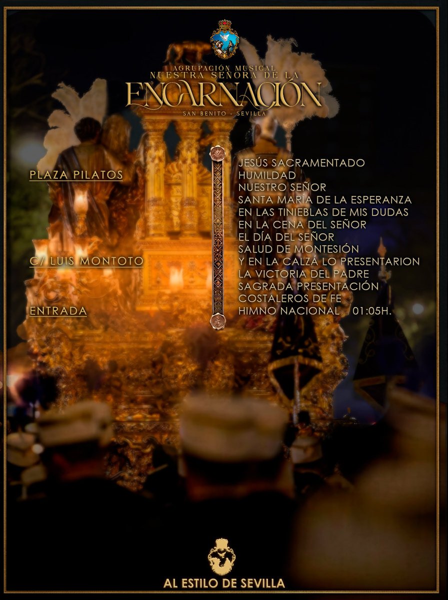 AMENcarnacion_'s tweet photo. ✨ Repertorio de Semana Santa 2026 ✨
Martes Santo - @Hdad_SanBenito 

Se vuelven a llenar las calles de emoción, tradición, solemnidad. https://t.co/jpnNi7SLCe