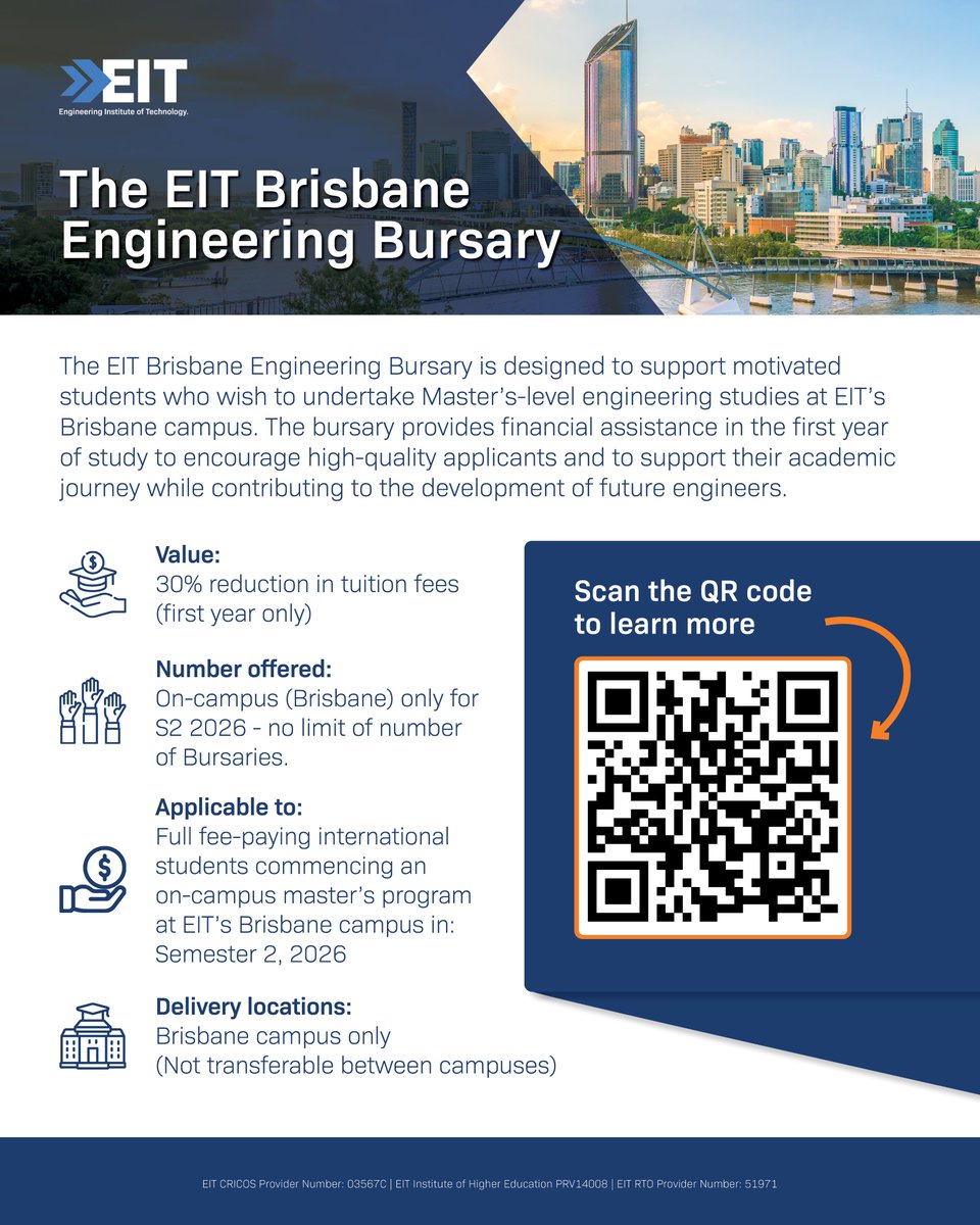 enginstoftech's tweet image. 🎓 EIT Brisbane Engineering Bursary – Semester 2 2026

📩 Apply now:  enginsttech.short.gy/etqUV4

#Engineering #StudyAbroad #ScholarshipOpportunity #Brisbane #EIT #STEM 

EIT CRICOS Provider Number: 03567C | EIT Institute of Higher Education PRV14008 | EIT RTO Provider Number: 51971
