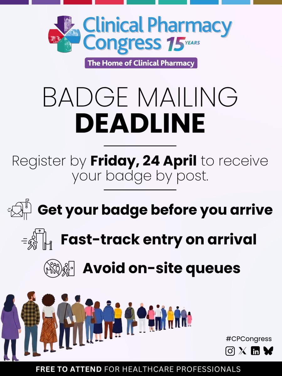 CPCongress's tweet photo. Badge mailer cut off is almost here.

Register by 24 April to get your badge in advance, skip the queues, and head straight into your first session.

Register now: 👇https://t.co/S2Gei8tThb

#CPC2026 #ClinicalPharmacy #CPCongress https://t.co/To58myERb8