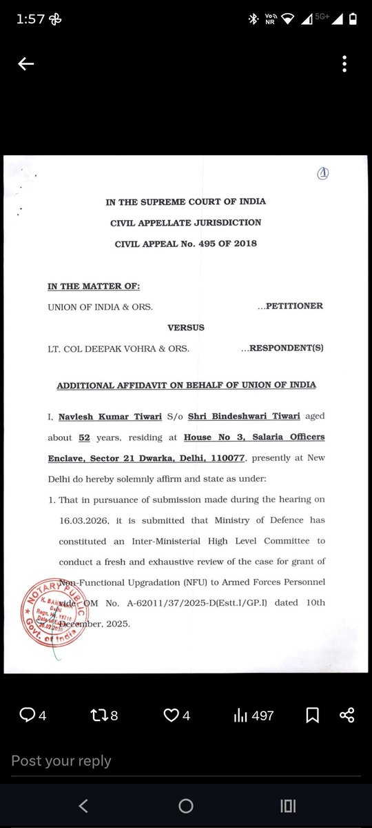 RajKuma35152604's tweet image. 🇮🇳 If NFU is Denied to Indian Armed Forces, Then No Other Central Civil Services or Para-Military Forces Deserve It Either.

Dear Col Mukul,

Thank you for sharing the Additional Affidavit filed by the Union of India in Civil Appeal No. 495 of 2018.

We, as Ex-Servicemen, most