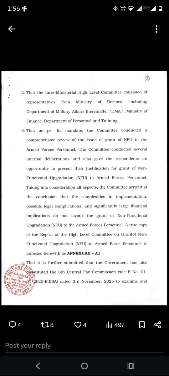 RajKuma35152604's tweet image. 🇮🇳 If NFU is Denied to Indian Armed Forces, Then No Other Central Civil Services or Para-Military Forces Deserve It Either.

Dear Col Mukul,

Thank you for sharing the Additional Affidavit filed by the Union of India in Civil Appeal No. 495 of 2018.

We, as Ex-Servicemen, most