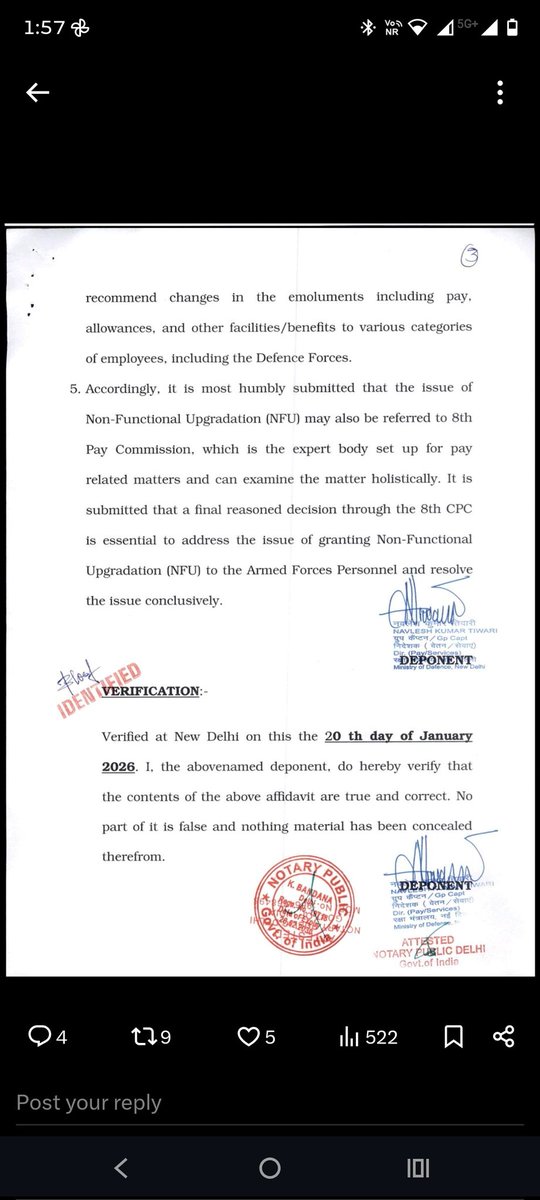 RajKuma35152604's tweet image. 🇮🇳 If NFU is Denied to Indian Armed Forces, Then No Other Central Civil Services or Para-Military Forces Deserve It Either.

Dear Col Mukul,

Thank you for sharing the Additional Affidavit filed by the Union of India in Civil Appeal No. 495 of 2018.

We, as Ex-Servicemen, most