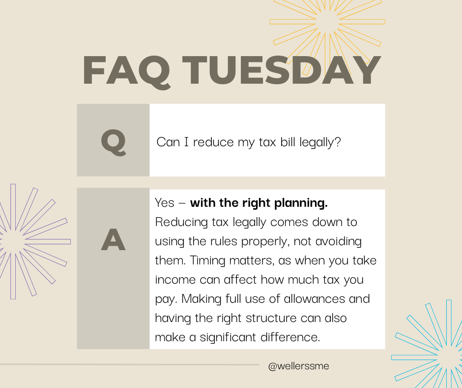 WellersSME's tweet image. Want to pay the right amount of tax, not more?

It comes down to planning: when you take income, how you’re structured &amp;amp; using allowances.

Small changes can make a big difference.

📩 [hubs.li/Q04cSs9y0]

#TaxPlanning #TaxEfficiency #BusinessOwners #UKTax
