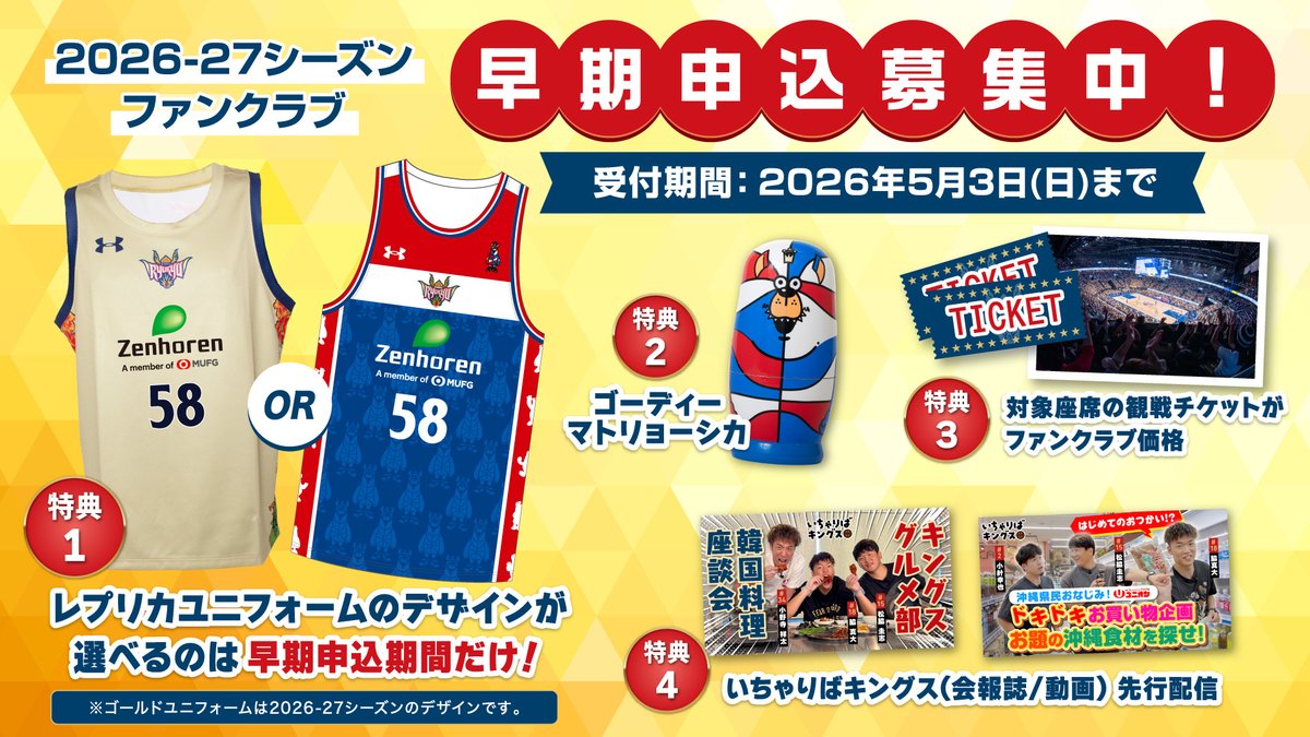 琉球ゴールデンキングス　ファンクラブ限定グッズ オフィシャルファンクラブ2026-27早期申込募集中！ 特典のレプリカ