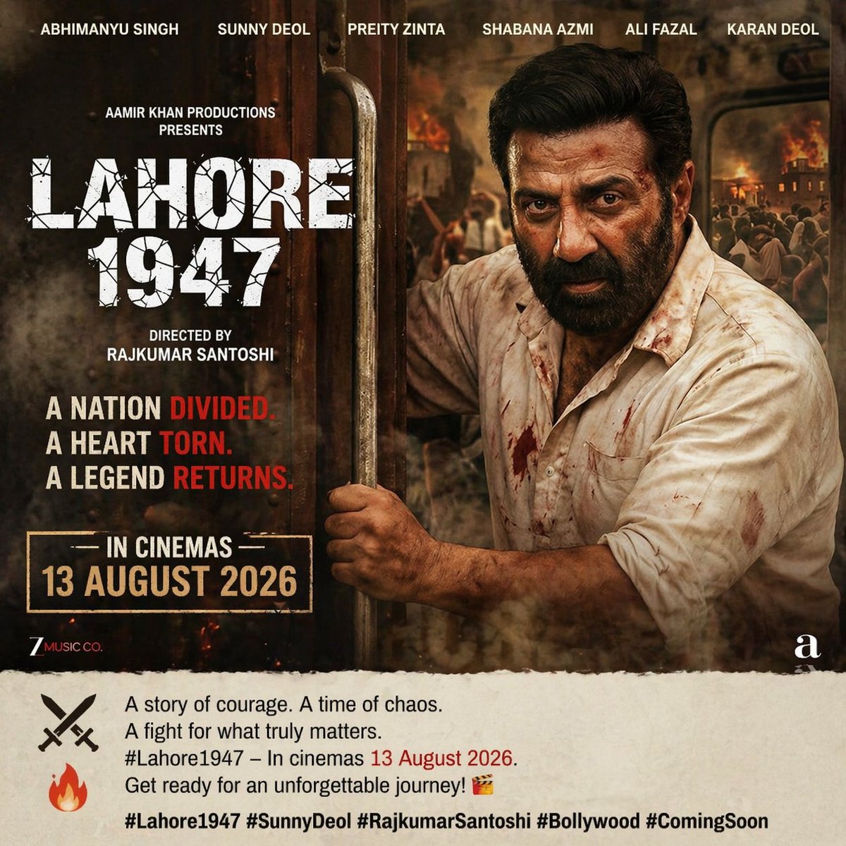 ChopraAarav1's tweet image. Not just a story… it’s an emotion 🇮🇳🔥
 Lahore 1947 — a powerful journey of sacrifice &amp;amp; survival
In cinemas 13 August 2026

#Lahore1947 #SunnyDeol #Epic