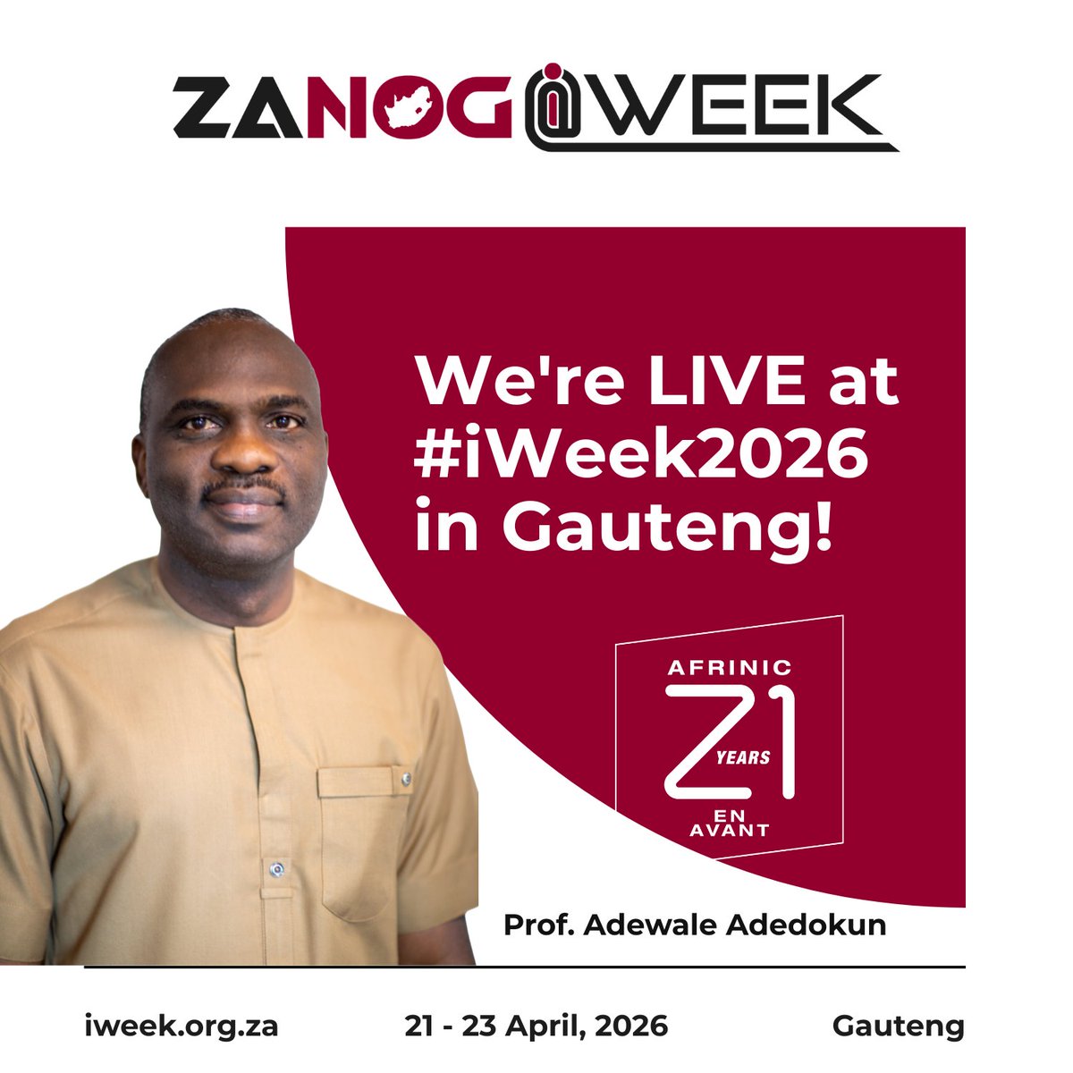 ZA_NOG's tweet image. Up first at #iWeek2026 — @aadedokun Prof. Adewale Adedokun from @AFRINIC with a board and operations update. Starting at 09:30 in the Plenary Room.

Watch live: youtu.be/CxXpu874gPk

#AFRINIC #iWeek #Gauteng