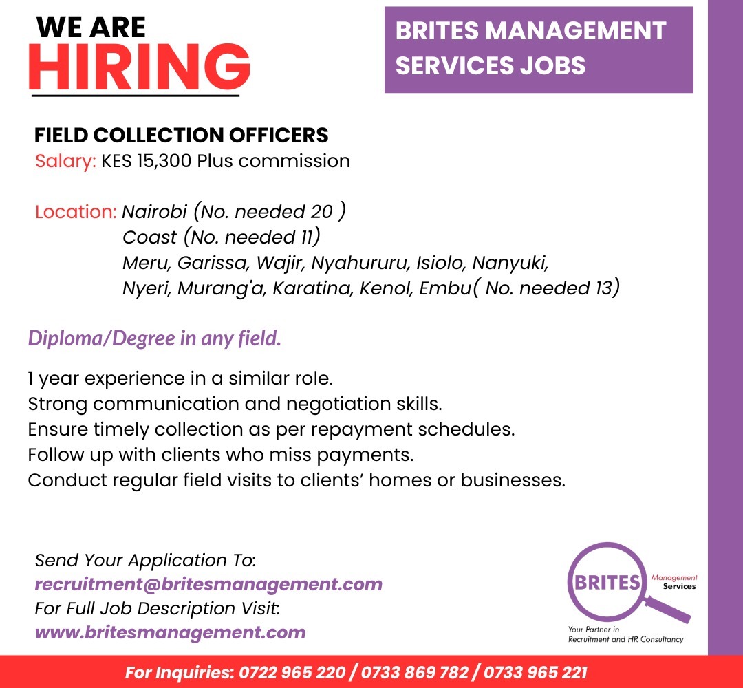 Brites_Services's tweet image. WE ARE HIRING:
To Apply: Send your application to recruitment@britesmanagement.com
For full job description, visit our job listing page on our website britesmanagement.com
#jobs #jobvacancy #jobseekers #jobskenya
