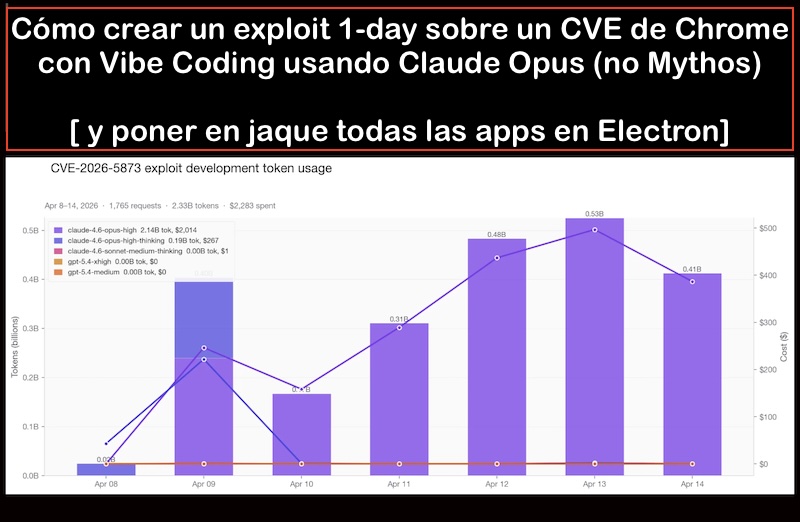 chemaalonso's tweet image. El lado del mal - Cómo crear un exploit 1-day sobre un CVE de Chrome con Vibe Coding usando Claude Opus (no Mythos) y poner en jaque todas las apps en Electron elladodelmal.com/2026/04/como-c… #Chrome #VibeExploiting #VibeCoding #IA #AI #Claude #Opus #LLM #Bug #Google #Chromium