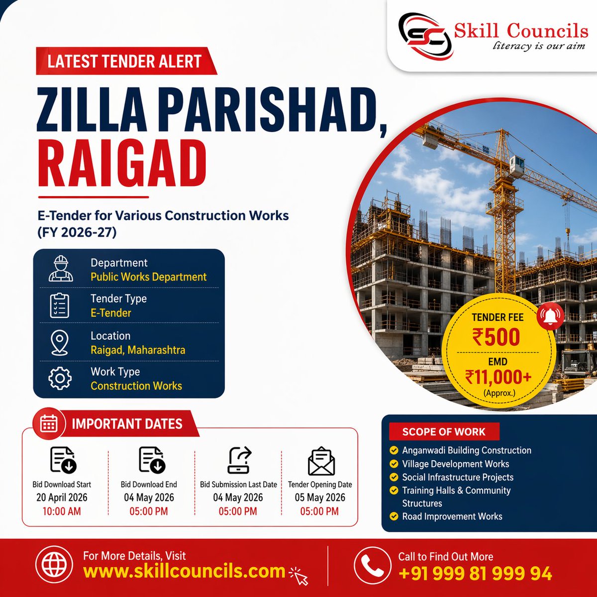 Skillcouncils's tweet image. 🚨Tender Alert – Raigad, Maharashtra
Zilla Parishad invites bids for construction &amp;amp; infrastructure works (FY 2026–27).
💰Fee: ₹500
📌EMD: ₹11K+
📅Last Date: 04 May 2026
Don’t miss this opportunity 👇
🌐 skillcouncils.com
#Construction #GovtProjects #Maharashtra #Raigad