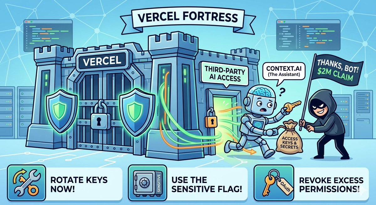 iamanshasthana's tweet image. Vercel’s "Oops" Moment 🚪🤡

Dev gives "Allow All" to an AI bot (Context.ai). 🤖 Hackers swipe the OAuth keys and walk right in. 💀
The Fix:✅ Rotate API keys ✅ Mark everything "Sensitive" ✅ Stop trusting every bot with a logo

#Vercel #CyberSecurity #DevHumor