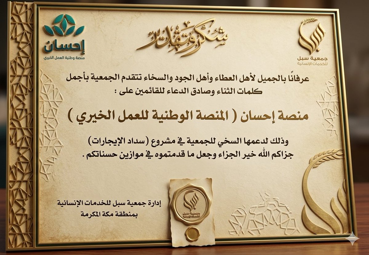 SobulAssociaty's tweet photo. بفيض من الشكر والتقدير، تثمّن جمعية سبل للخدمات الإنسانية الدعم الكريم المقدم من منصة إحسان @EhsanSA لمشروع (سداد الإيجارات). 
شريكُنا في العطاء.. شكراً لمساهمتكم في تعزيز الاستقرار المجتمعي وتخفيف الأعباء عن الأسر الأشد حاجة."

#منصة_إحسان 
#أثر_واستدامه
#جمعيه_سبل_للخدمات_الإنسانية