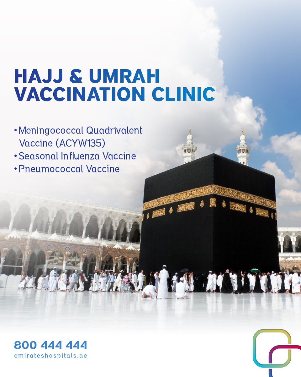 emirateshosp's tweet image. Prepare for your sacred journey with confidence.
Our Hajj &amp;amp; Umrah Vaccination Clinic offers essential vaccines to keep you protected and at peace throughout your pilgrimage. Book your appointment today and travel safely.
#Hajj #Umrah #Vaccination #TravelSafe #Healthcare
