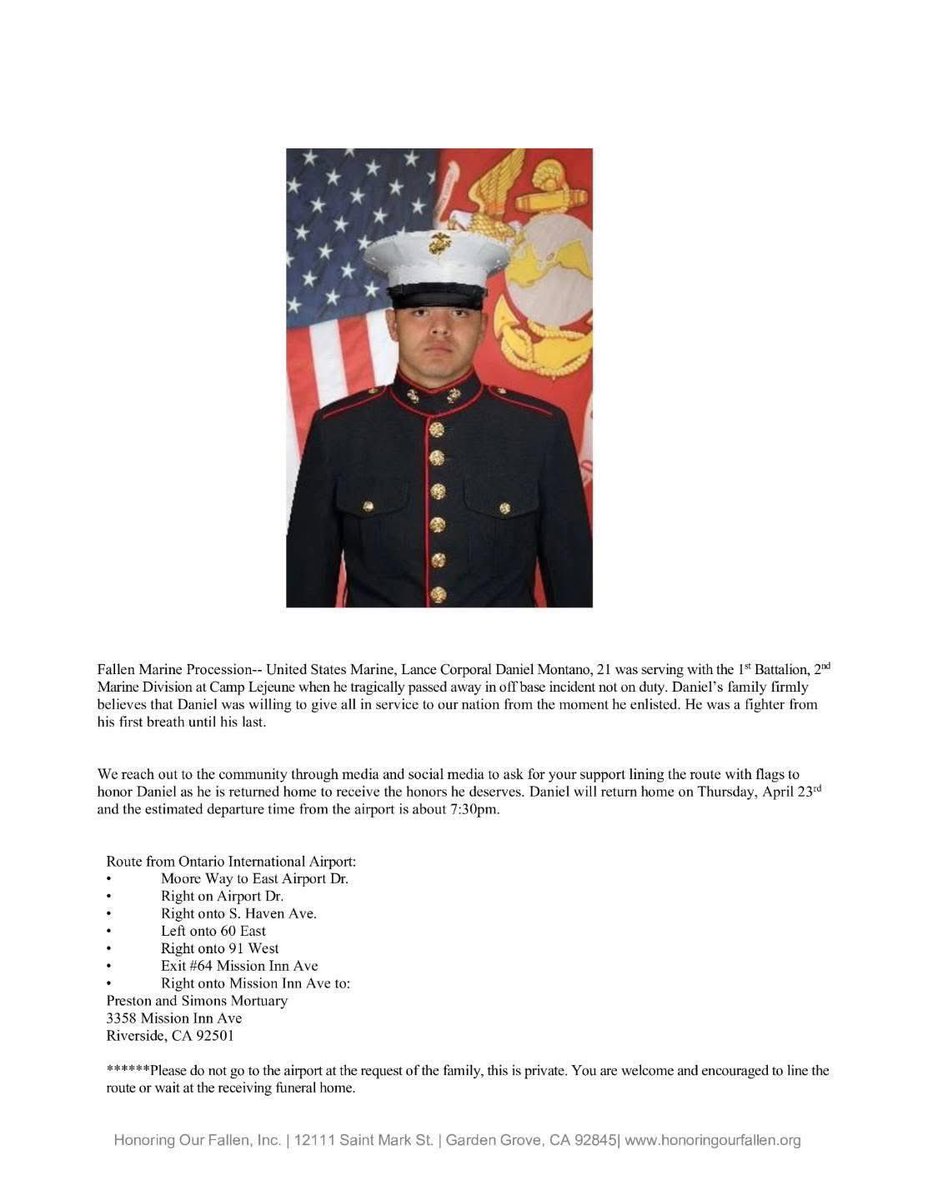 CodeThreeNews's tweet image. 🇺🇸Fallen Marine Procession🇺🇸

Thursday April 23rd, at 7:30PM,for Lance Corporal Daniel Montano, who was tragically killed in a stabbing in North Carolina earlier this month. The procession will begin at the Ontario airport in California. Details below. #Riverside #Ontario