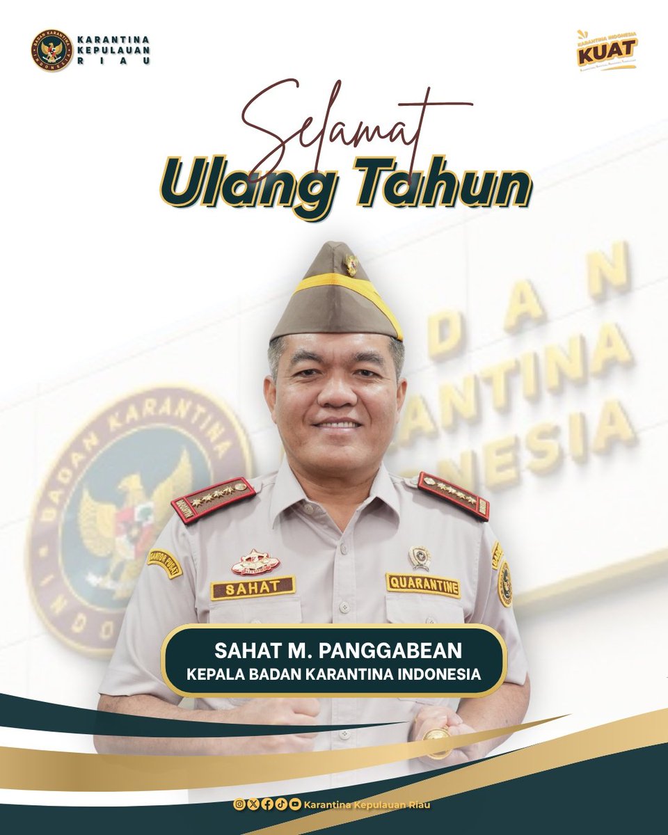 Pimpinan dan segenap keluarga besar Karantina Kepri mengucapkan

Selamat ulang tahun Bapak Dr. Sahat Manaor Panggabean, Kepala Badan Karantina Indonesia.