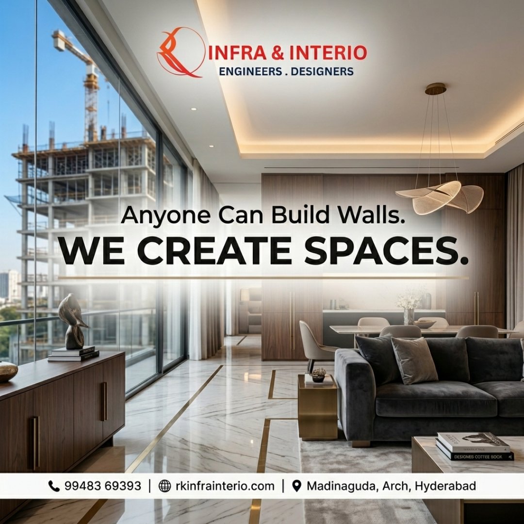 RKInfraDesign's tweet photo. Modern homes need smart design. RK Infra &amp; Interio offers innovative interiors and construction services in Hyderabad for stylish living.

Call Now : 99483 69393 https://t.co/AC8x0yLDsi